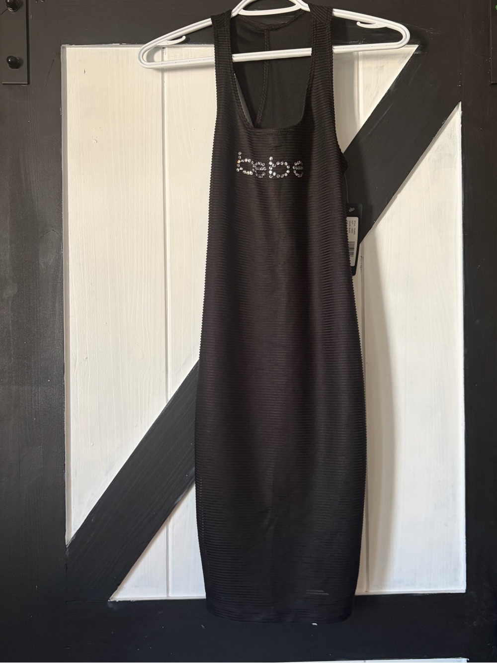 bebe Black Rhinestone Logo Midi Bodycon Dress